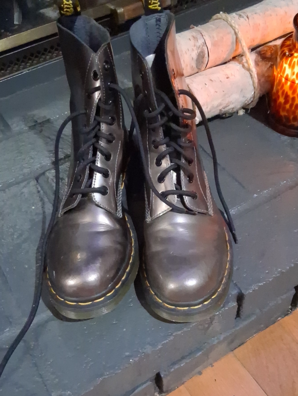 Dr. Martens Black Leather Lace-Up Combat Boots with Yellow Stitching